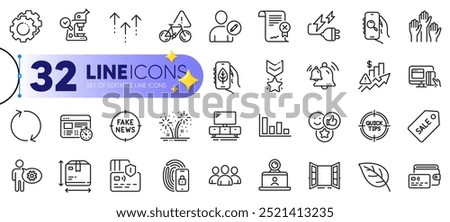 Outline set of Rise price, Lock and Box size line icons for web with Fireworks, Video conference, Bell thin icon. Web timer, Leaf, Card pictogram icon. Online payment, Edit user, Voting hands. Vector