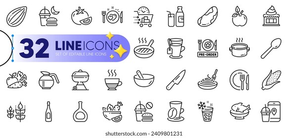Outline set of Romantic dinner, Coffee cup and Spoon line icons for web with Saucepan, Seafood, Doppio thin icon. Ice cream, Gluten free, Brazil nut pictogram icon. Ice maker, Tea, Fast food. Vector