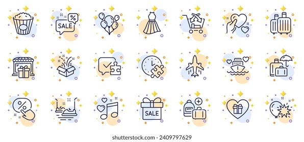 Umrisse von Romantik-Geschenk, Bumper-Autos und Honeymoon-Kreuzfahrtlinien-Icons für Web-App. Einschließlich Geschenkshop, Gepäckversicherung, Liebes-Musik-Piktogramm-Symbole. Puzzle Zeit, Ballondart. Vektorgrafik