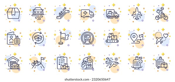 Outline set of Route, Petrol station and Delivery report line icons for web app. Include Plane, Escalator, Ambulance emergency pictogram icons. Return parcel, Honeymoon travel. Vector