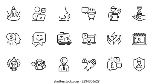 Outline set of Safe energy, Security agency and Market seller line icons for web application. Talk, information, delivery truck outline icon. Include Copyrighter, Pay, Yummy smile icons. Vector