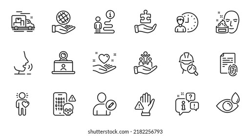 Outline set of Safe planet, Fingerprint and Edit user line icons for web application. Talk, information, delivery truck outline icon. Include Eye drops, Friend, Inclusion icons. Vector