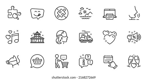 Outline set of Sale megaphone, Insomnia and Circus line icons for web application. Talk, information, delivery truck outline icon. Include Calendar, Sea mountains, Heart icons. Vector