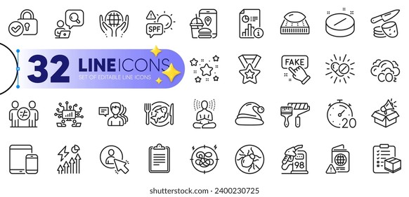 Outline set of Santa hat, Co2 and Mobile devices line icons for web with Verified locker, Paint roller, Passport warning thin icon. Petrol station, Clipboard, Parcel checklist pictogram icon. Vector