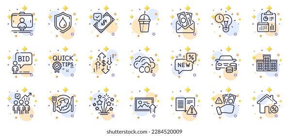 Outline set of Seafood, Coffee cocktail and Loan house line icons for web app. Include Company, Instruction manual, Upload photo pictogram icons. Co2, Accepted payment, New signs. Vector