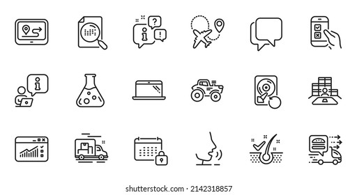 Conjunto de esquemas del archivo de búsqueda, tráfico web e iconos de línea de avión para la aplicación web. Hable, información, icono de esquema del camión de entrega. Incluya los iconos Anti-dandruff flakes, Inventory, Calendar. Vector