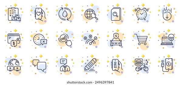 Outline set of Search files, Scroll down and Video conference line icons for web app. Include Market sale, Wallet, Time pictogram icons. Refill water, Speech bubble, Correct answer signs. Vector