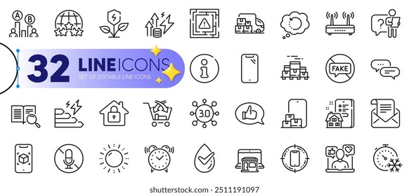 Outline set of Search text, Feedback and Smartphone line icons for web with Search employee, Energy inflation, Dermatologically tested thin icon. Social media, Lock. Vector