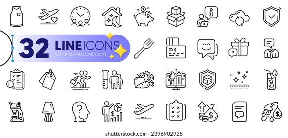 Outline set of Secret gift, Seo statistics and Medical flight line icons for web with Dice, Vegetables, Microscope thin icon. Smile face, Plane, Rule pictogram icon. Cloud sync. Vector