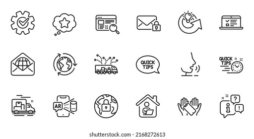 Conjunto de esquema de iconos de línea de entrega de correo seguro, CogWheel y Cruck para aplicaciones web. Hable, información, icono de esquema del camión de entrega. Incluir los iconos de outsourcing, Share idea, Work home. Vector