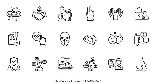 Outline set of Security agency, Click hand and Conversation messages line icons for web application. Talk, information, delivery truck outline icon. Vector