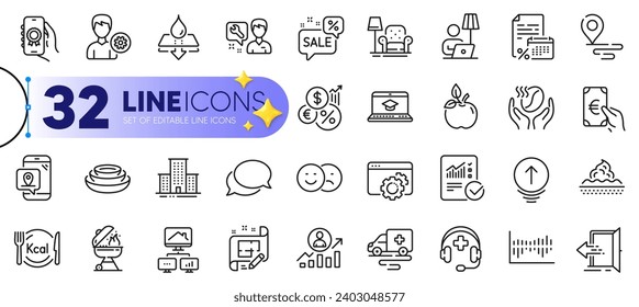 Outline set of Seo gear, Architect plan and Checked calculation line icons for web with Award app, Water resistant, Ambulance transport thin icon. Like, Entrance. Design with yellow 3d stars. Vector
