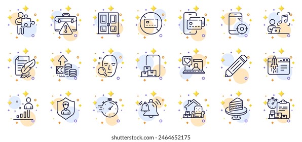 Outline set of Seo phone, Packing things and Pencil line icons for web app. Include Security agency, Start business, Face search pictogram icons. Door, No card, Phone pay signs. Vector