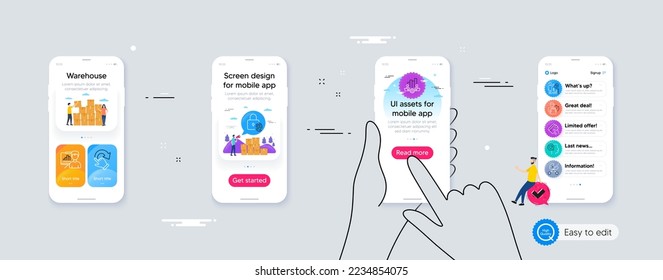 Conjunto de esquema de estadísticas Seo, gesto de rotación e iconos de línea de transporte Baby para aplicaciones web. Interfaz de teléfono. Incluir los iconos del manual de entrega, cartera, panel de presentación. Vector