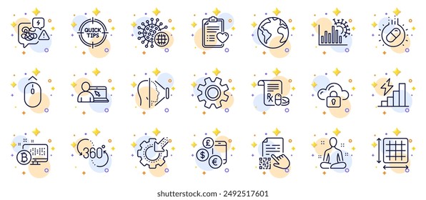 Esquema conjunto de iconos de línea de servicio, Face ID y protección de la nube para el App de Web. Incluye iconos de pictograma de estadísticas de Coronavirus, Planeta Mundial, Coronavirus. Desliza hacia arriba, sistema Bitcoin. Vector