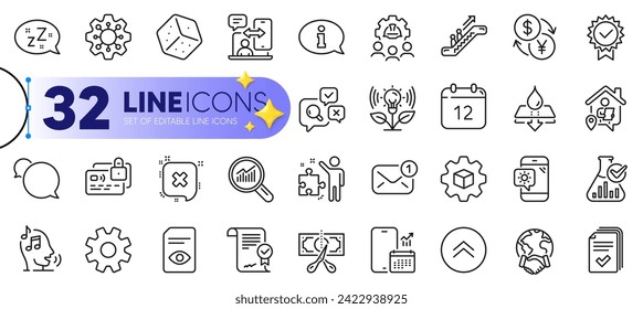 Outline set of Service, Product development and Chemistry lab line icons for web with Phone calendar, Reject, Voicemail thin icon. Currency exchange, Cut tax, Approved agreement pictogram icon. Vector