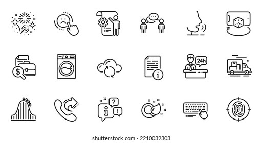 Conjunto de esquema de los iconos de la línea de llamada, desagrado y Fireworks para la aplicación web. Hable, información, icono de esquema del camión de entrega. Vector