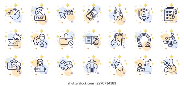 Outline set of Share mail, Co2 gas and Jobless line icons for web app. Include Brainstorming, Teamwork, Payment pictogram icons. Shield, Survey checklist, Omega signs. Vip certificate. Vector
