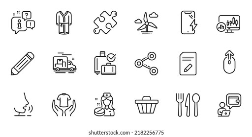 Outline set of Share, Nurse and Food line icons for web application. Talk, information, delivery truck outline icon. Include Swipe up, Hold t-shirt, Candlestick chart icons. Vector