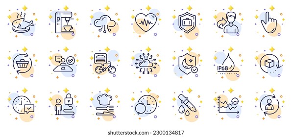 Outline set of Share, Refresh cart and Fish dish line icons for web app. Include Select alarm, Lock, Food pictogram icons. Food delivery, Cloud computing, Job interview signs. Vector