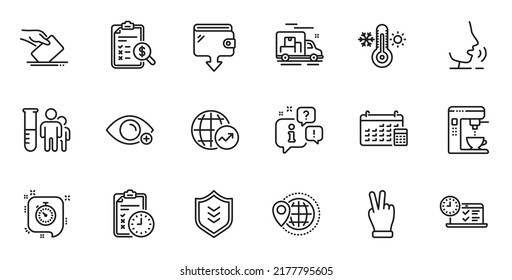 Outline set of Shield, Accounting report and Farsightedness line icons for web application. Talk, information, delivery truck outline icon. Vector