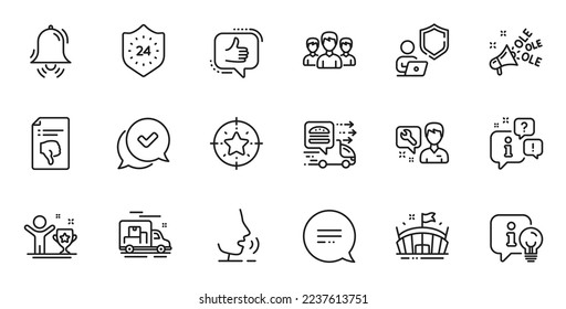 Outline set of Shield, Clock bell and Ole chant line icons for web application. Talk, information, delivery truck outline icon. Include 24 hours, Winner cup, Food delivery icons. Vector