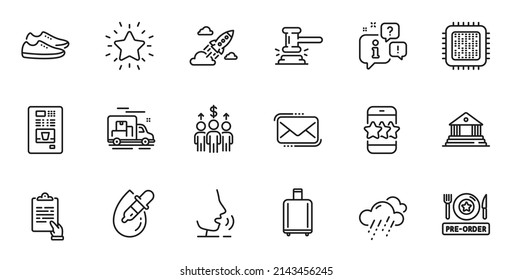 Outline set of Shoes, Pre-order food and Eye drops line icons for web application. Talk, information, delivery truck outline icon. Include Baggage reclaim, Star, Messenger mail icons. Vector