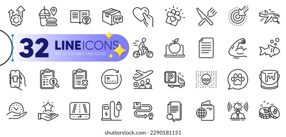 Outline set of Shop app, Targeting and Seo gear line icons for web with Gps, Delivery service, Food thin icon. Reject checklist, Pets care, Search flight pictogram icon. Renew card. Vector
