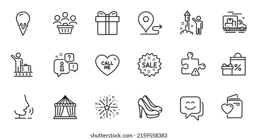 Outline set of Shopping, Journey and Fireworks line icons for web application. Talk, information, delivery truck outline icon. Include Sale, Smile face, Circus tent icons. Vector