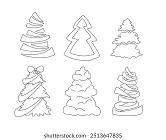 Outline of set of six Christmas trees in different shapes. Vector illustration on a white background
