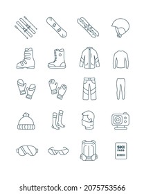 Outline set ski and snowboard equipment kit clothes vector icons for web design isolated on white background