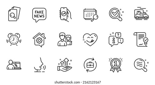 Outline set of Skin condition, Time management and Fake news line icons for web application. Talk, information, delivery truck outline icon. Vector