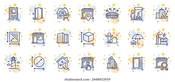 Umriss-Set von Wolkenkratzern Gebäude, Quadratfläche und Neue Hauslinien-Icons für Web App. Markt, Sportarena, Leuchtturm-Piktogramm-Symbole. Eingang, Gebäude, Boxgrößenschilder. Vektorgrafik