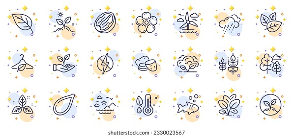 Outline set of Slow fashion, Pumpkin seed and Helping hand line icons for web app. Include Rainy weather, Thermometer, Leaf pictogram icons. Tree, Natural linen, Sea mountains signs. Vector