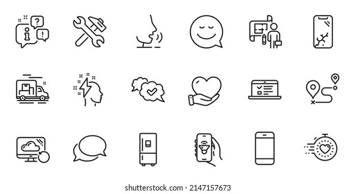 Umrissset von Smartphone-kaputt, Smartphone und Brainstorming-Line-Icons für Webanwendungen. Talk, Information, Lieferwagen Umriss Symbol. Beinhaltet Messenger, Lächeln, Kühlschränke. Vektorgrafik