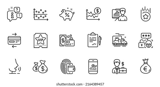 Outline Set Of Smartphone Statistics, Clipboard And Dot Plot Line Icons For Web Application. Talk, Information, Delivery Truck Outline Icon. Include Cyber Attack, Loan Percent, Money Bag Icons. Vector