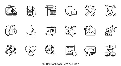 Outline set of Smile, Face detection and Internet report line icons for web application. Talk, information, delivery truck outline icon. Include Online voting, Repair, Receive mail icons. Vector