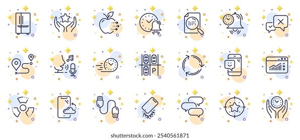 Outline set of Smile, Parking place and Ranking line icons for web app. Include Smartphone broken, Microphone, Search file pictogram icons. Smartphone cloud, Alarm bell, Talk bubble signs. Vector