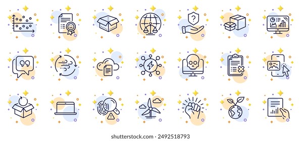 Outline set of Smile, Protection shield and Power line icons for web app. Include Document, Magistrates court, Open box pictogram icons. Fingerprint, Quote bubble, Windmill turbine signs. Vector