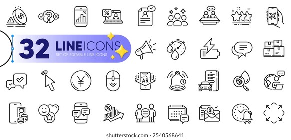 Outline set of Smile, Yen money and Resume document line icons for web with Equality, Phone messages, Scroll down thin icon. Megaphone, Phone pay, Water analysis pictogram icon. Squad. Vector