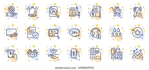 Outline set of Social media, 24h service and Electronic thermometer line icons for web app. Include Atm service, Safe planet, Squad pictogram icons. Filling station, Safe time. Vector