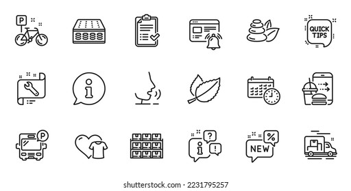 Conjunto de esquemas de spangner, piedras de Spa y Mint deja iconos de línea para aplicaciones web. Hable, información, icono de esquema del camión de entrega. Incluir información, notificación de Internet, iconos de Calendario. Vector
