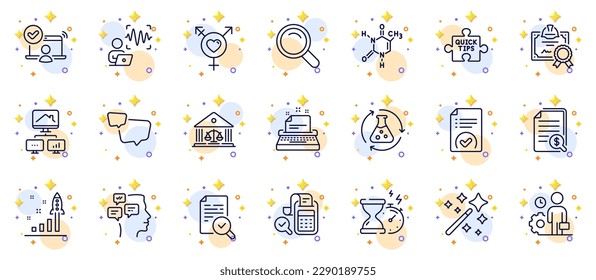Outline set of Speech bubble, Online access and Court building line icons for web app. Include Messages, Typewriter, Employee pictogram icons. Chemistry experiment, Development plan. Vector