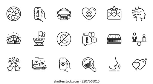 Outline Set Of Sports Stadium, Insomnia And Vip Mail Line Icons For Web Application. Talk, Information, Delivery Truck Outline Icon. Include Shield, Equity, Health App Icons. Vector