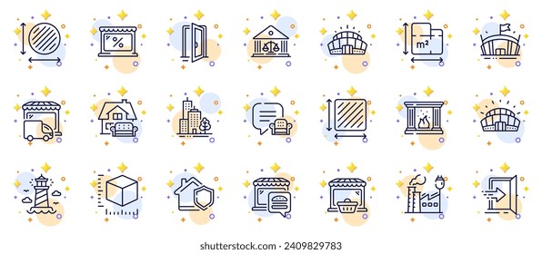 Outline set of Sports stadium, Lighthouse and Open door line icons for web app. Include Skyscraper buildings, Lounge place, Arena stadium pictogram icons. Square area, Delivery truck. Vector