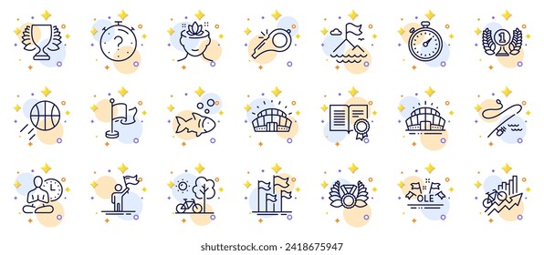 Outline set of Sports stadium, Ole chant and Timer line icons for web app. Include Yoga mind, Leadership, Basketball pictogram icons. Winner, Bicycle, Fishing rod signs. Arena stadium. Vector