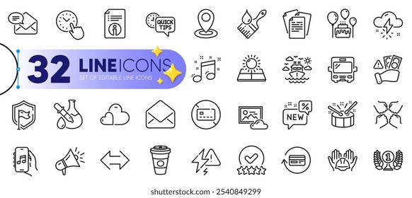 Outline set of Squad, Quick tips and Lightning bolt line icons for web with Refund commission, Shield, Location thin icon. Technical info, Ship travel, Mail pictogram icon. Vector