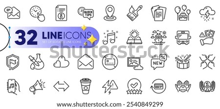 Outline set of Squad, Quick tips and Lightning bolt line icons for web with Refund commission, Shield, Location thin icon. Technical info, Ship travel, Mail pictogram icon. Vector