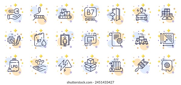 Outline set of Square area, Inventory and Cogwheel line icons for web app. Include Entrance, Diesel canister, Architectural plan pictogram icons. Packing boxes, Technical documentation. Vector