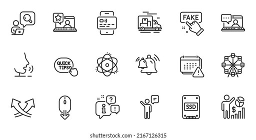 Outline set of Ssd, Bell and Seo statistics line icons for web application. Talk, information, delivery truck outline icon. Include Scroll down, Online rating, Agent icons. Vector